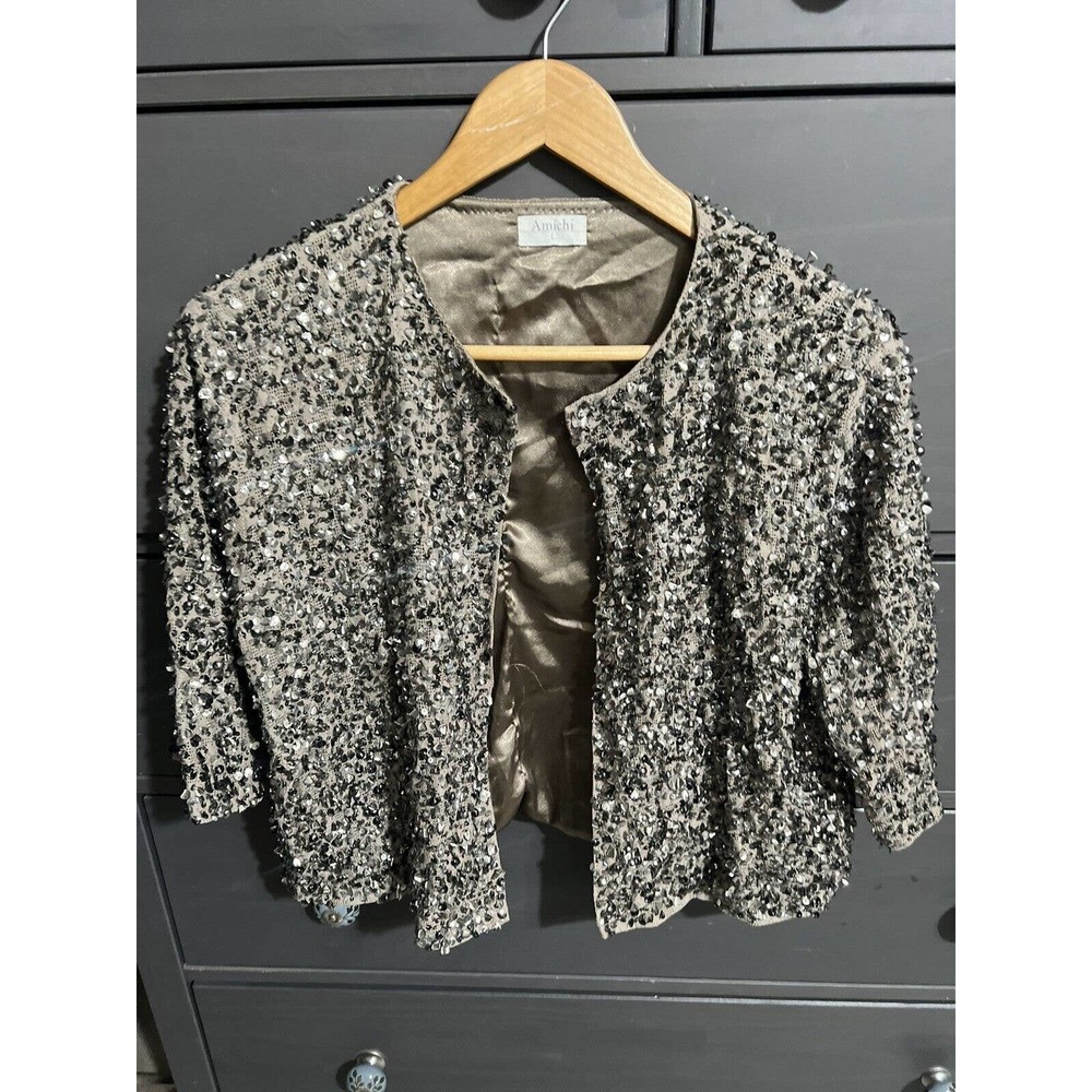 Amichi Spain Hand Metallic Jacket L 3/4Sleeve 3D Sequins & Beads EUC